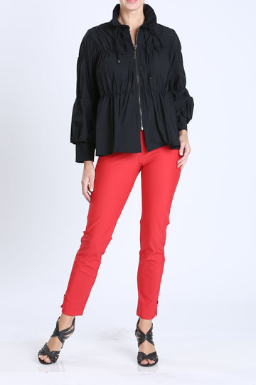 Black Shirred Sleeve Zip-Up Blouson Jacket